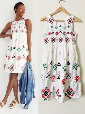 by Anthropologie XS Dolly white geometric embroidered sleeveless mini dress